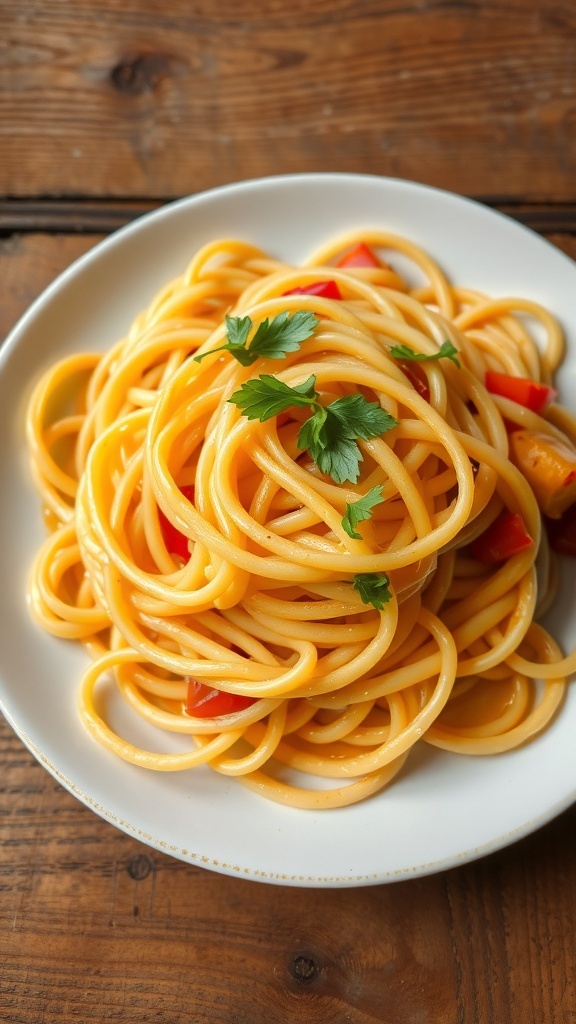A plate of golden homemade noodles garnished with herbs and served with vegetables.